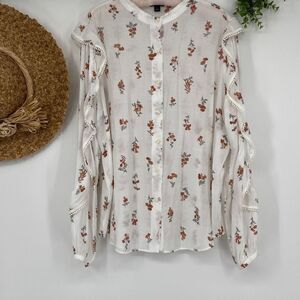 Ann Taylor Floral Feminine Blouse Semi-Sheer Linen Blend Ruffle Sleeve‎ White XL